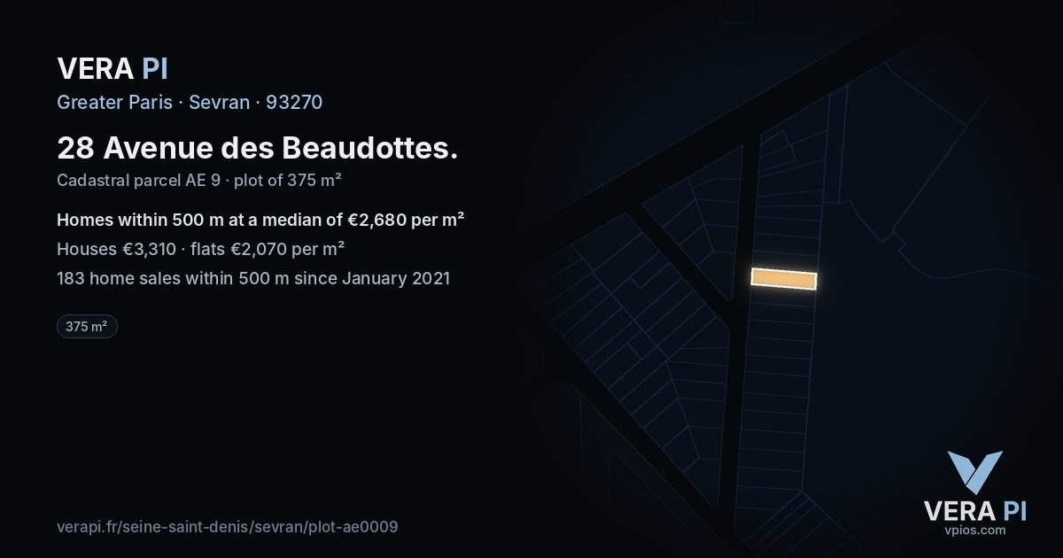 28 Avenue des Beaudottes, Sevran at night – the plot lit, the parcels around coloured by the prices near them