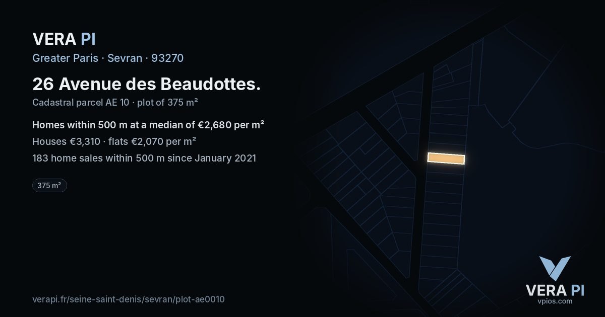 26 Avenue des Beaudottes, Sevran at night – the plot lit, the parcels around coloured by the prices near them