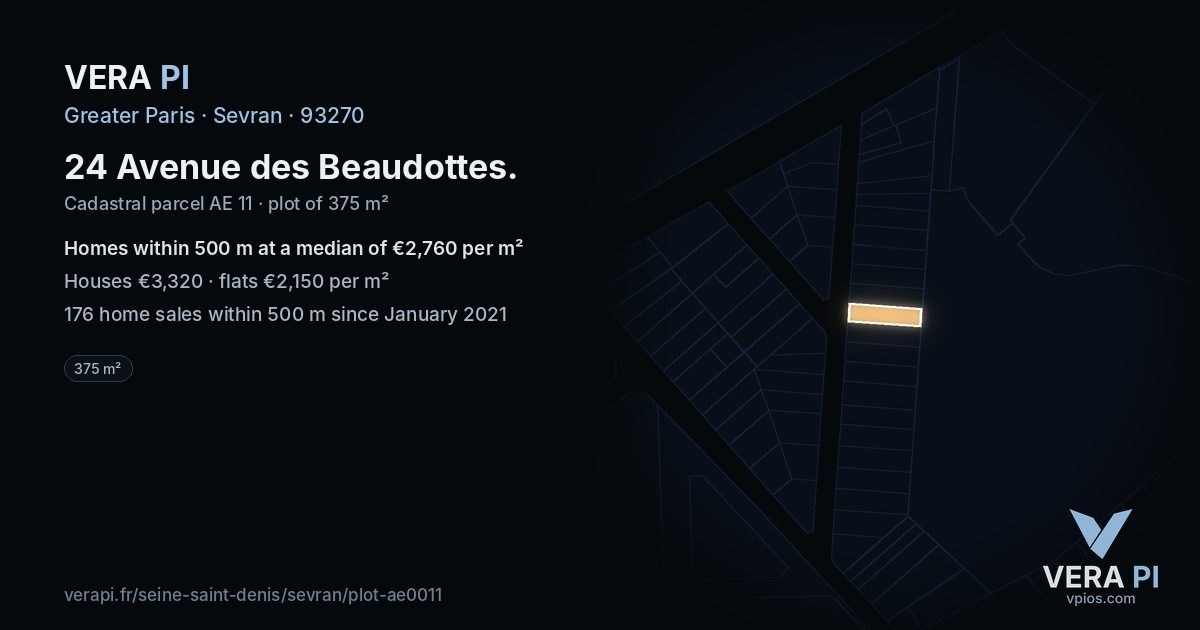 24 Avenue des Beaudottes, Sevran at night – the plot lit, the parcels around coloured by the prices near them