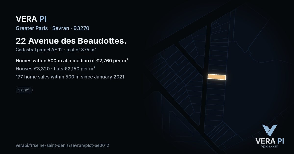 22 Avenue des Beaudottes, Sevran at night – the plot lit, the parcels around coloured by the prices near them