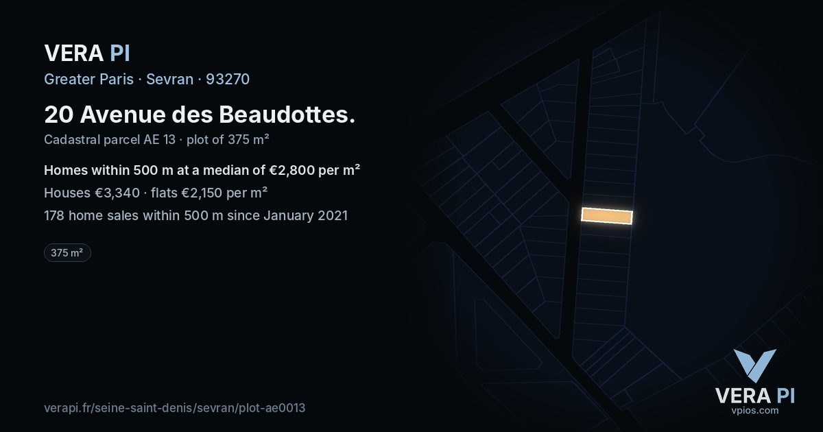 20 Avenue des Beaudottes, Sevran at night – the plot lit, the parcels around coloured by the prices near them