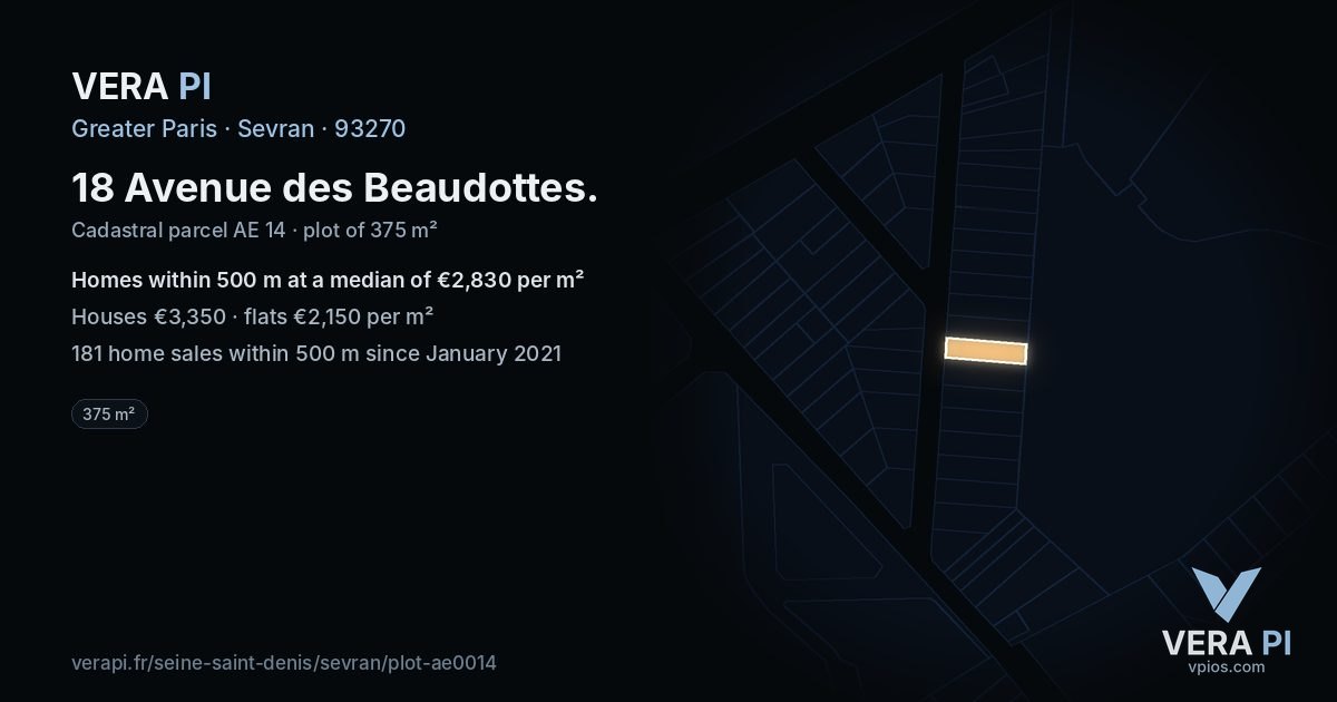 18 Avenue des Beaudottes, Sevran at night – the plot lit, the parcels around coloured by the prices near them