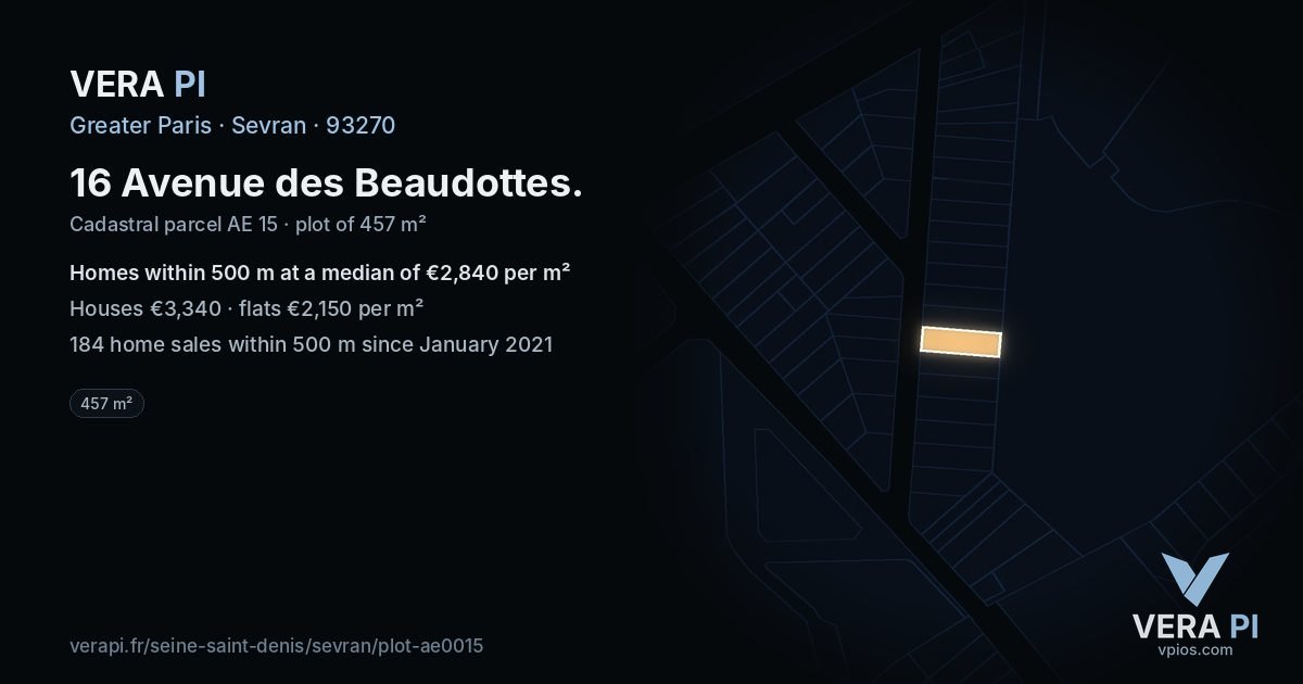16 Avenue des Beaudottes, Sevran at night – the plot lit, the parcels around coloured by the prices near them
