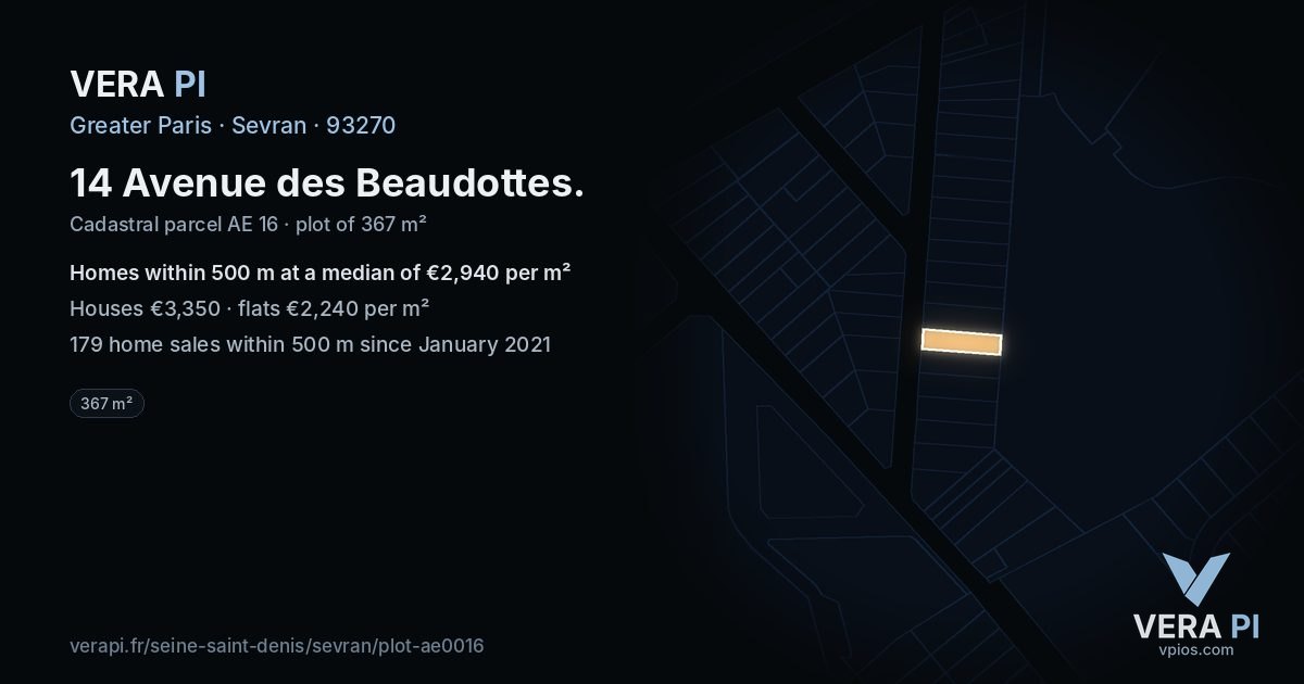 14 Avenue des Beaudottes, Sevran at night – the plot lit, the parcels around coloured by the prices near them