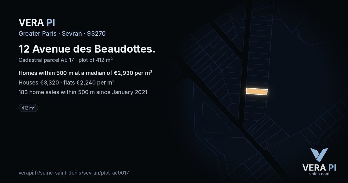 12 Avenue des Beaudottes, Sevran at night – the plot lit, the parcels around coloured by the prices near them