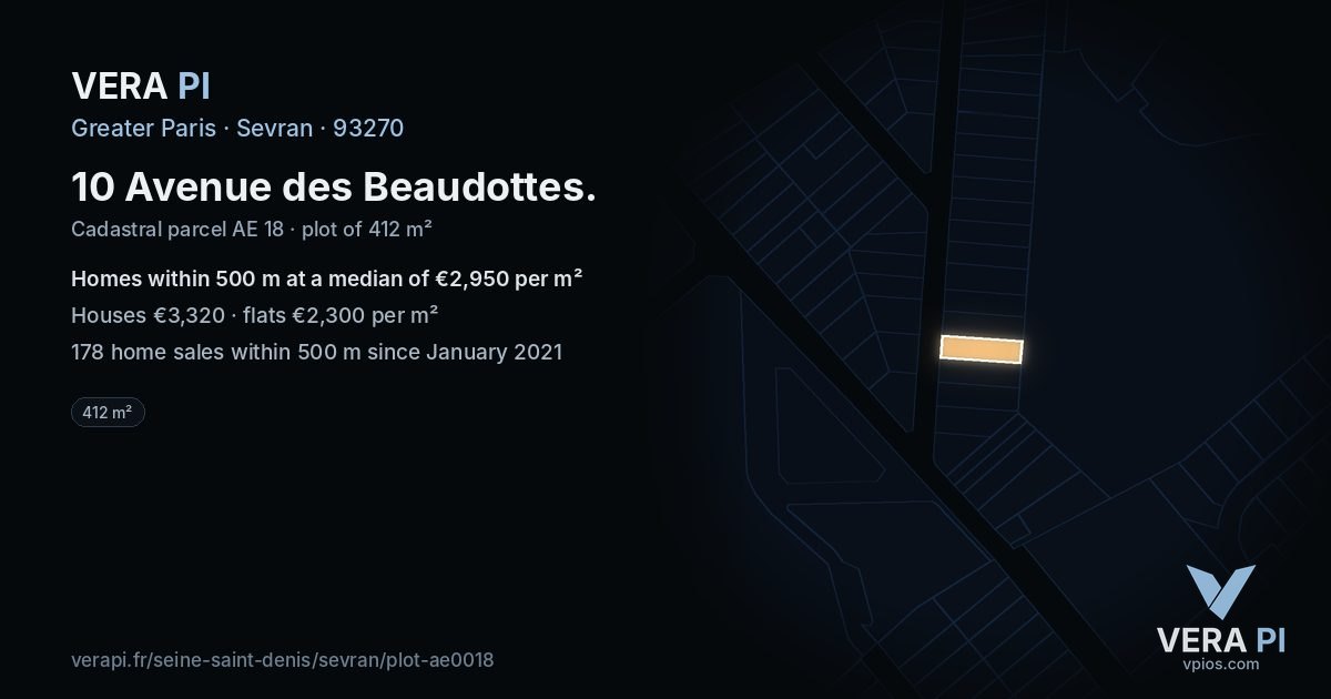 10 Avenue des Beaudottes, Sevran at night – the plot lit, the parcels around coloured by the prices near them