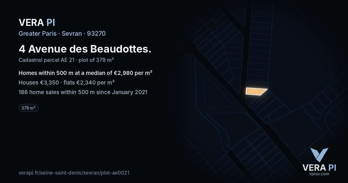4 Avenue des Beaudottes, Sevran at night – the plot lit, the parcels around coloured by the prices near them