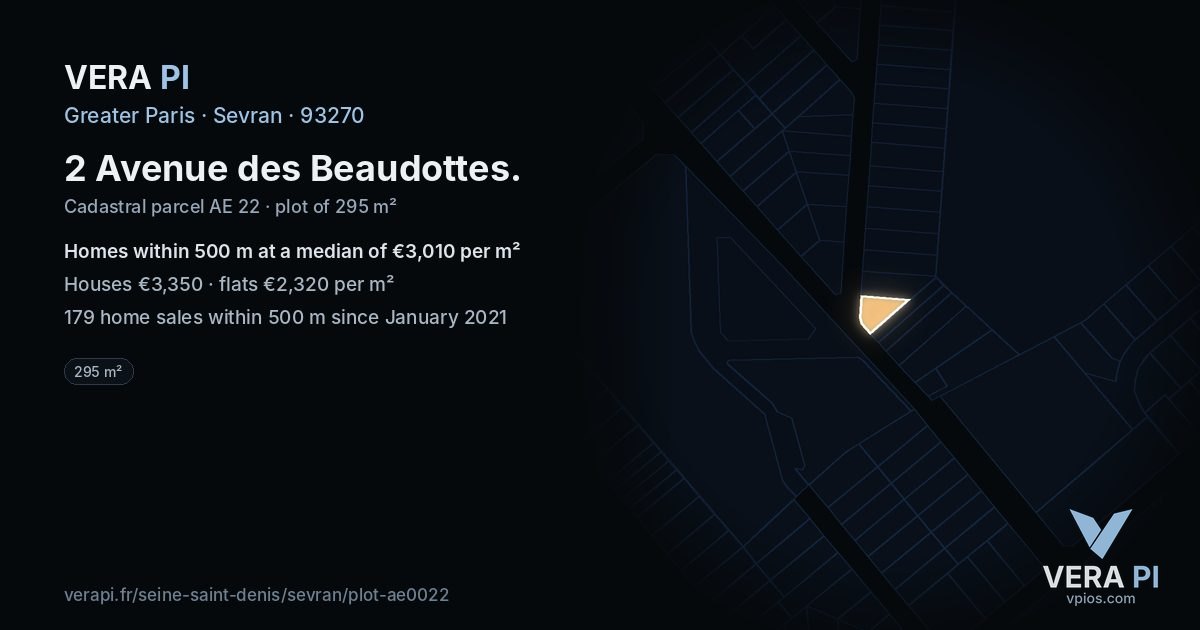 2 Avenue des Beaudottes, Sevran at night – the plot lit, the parcels around coloured by the prices near them
