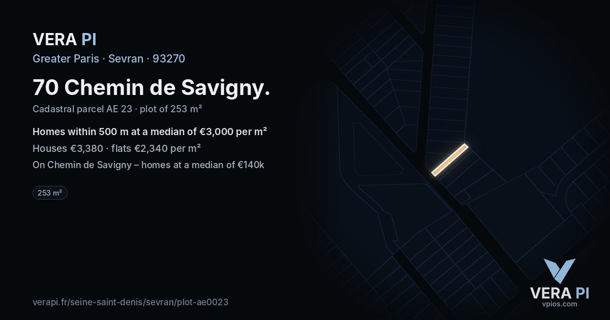 70 Chemin de Savigny, Sevran at night – the plot lit, the parcels around coloured by the prices near them