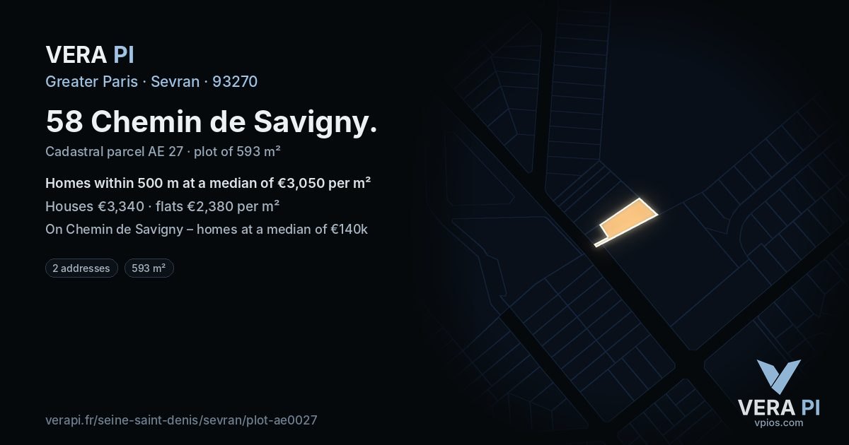 58 Chemin de Savigny, Sevran at night – the plot lit, the parcels around coloured by the prices near them
