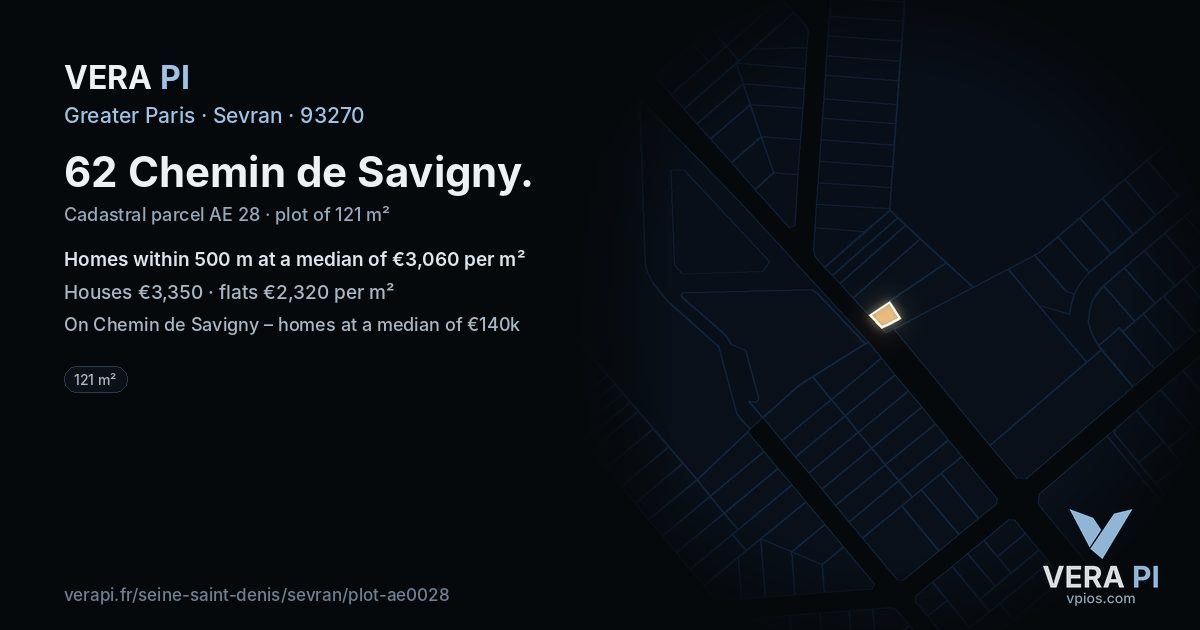 62 Chemin de Savigny, Sevran at night – the plot lit, the parcels around coloured by the prices near them