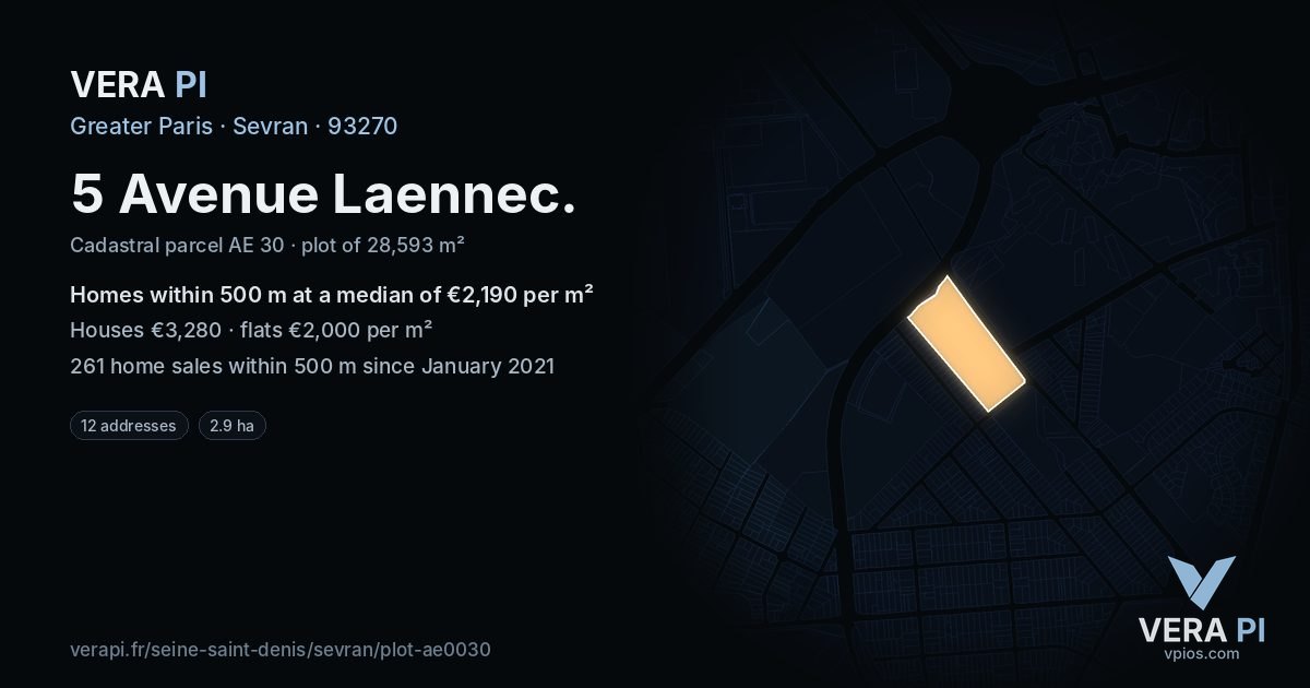 5 Avenue Laennec, Sevran at night – the plot lit, the parcels around coloured by the prices near them
