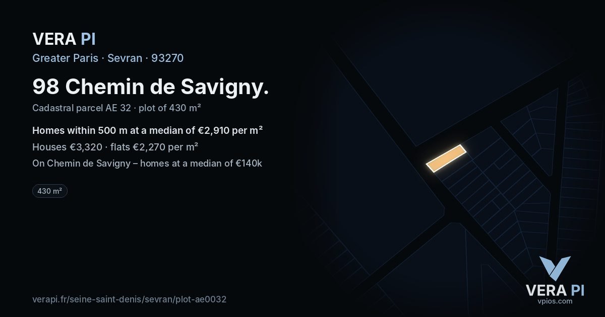 98 Chemin de Savigny, Sevran at night – the plot lit, the parcels around coloured by the prices near them