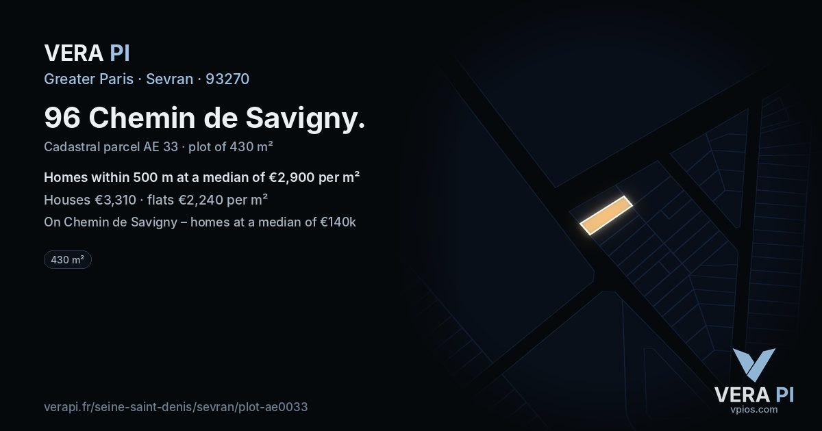 96 Chemin de Savigny, Sevran at night – the plot lit, the parcels around coloured by the prices near them