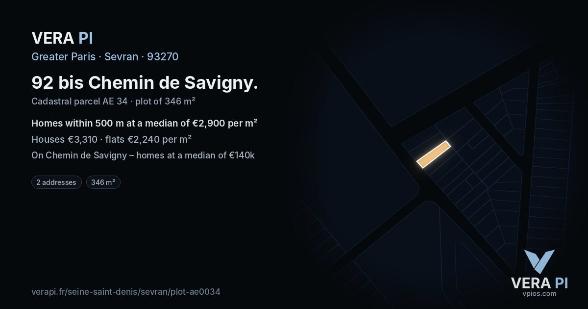 92 bis Chemin de Savigny, Sevran at night – the plot lit, the parcels around coloured by the prices near them