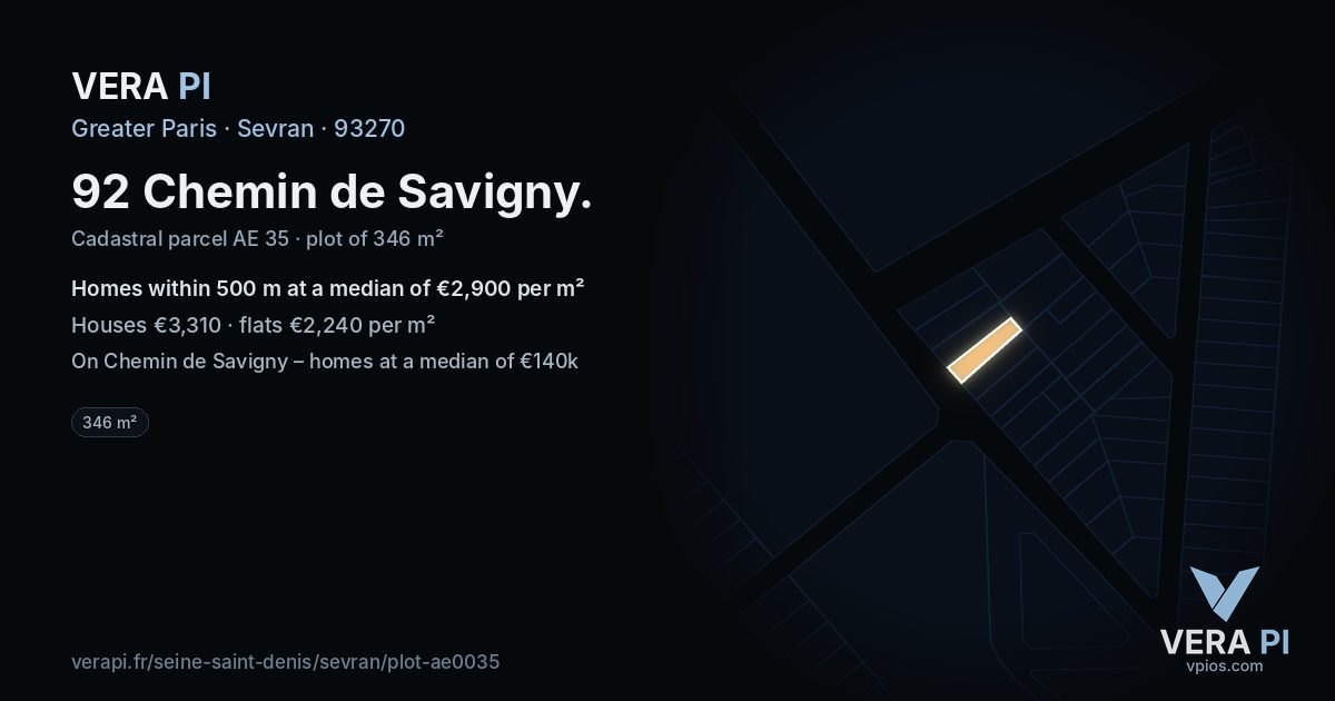 92 Chemin de Savigny, Sevran at night – the plot lit, the parcels around coloured by the prices near them