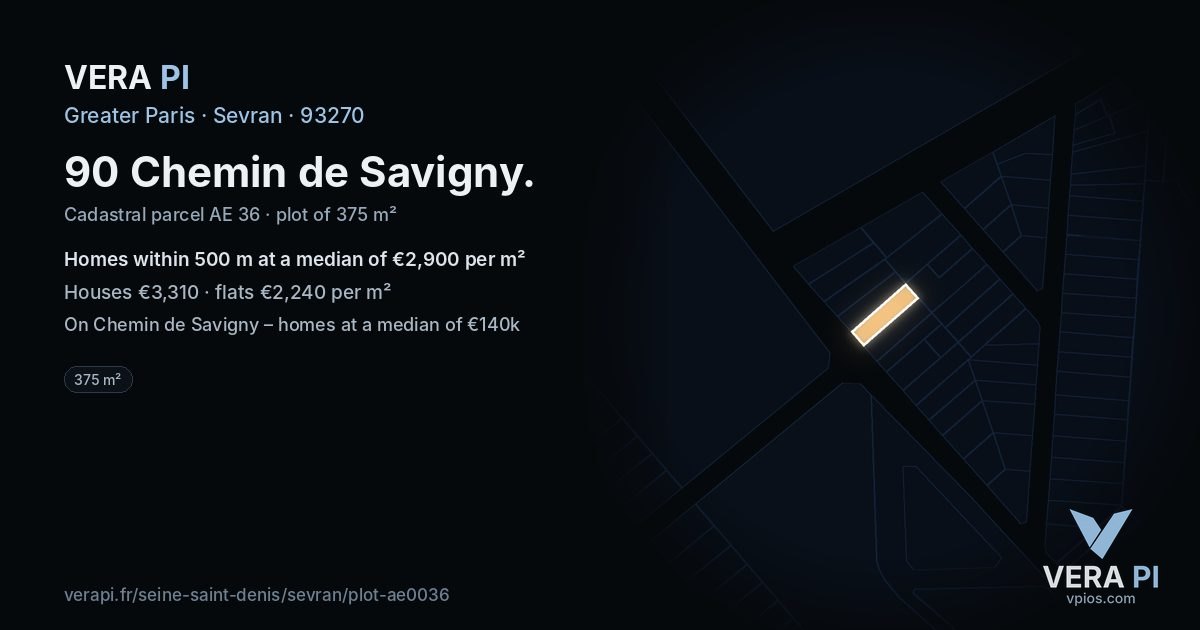 90 Chemin de Savigny, Sevran at night – the plot lit, the parcels around coloured by the prices near them