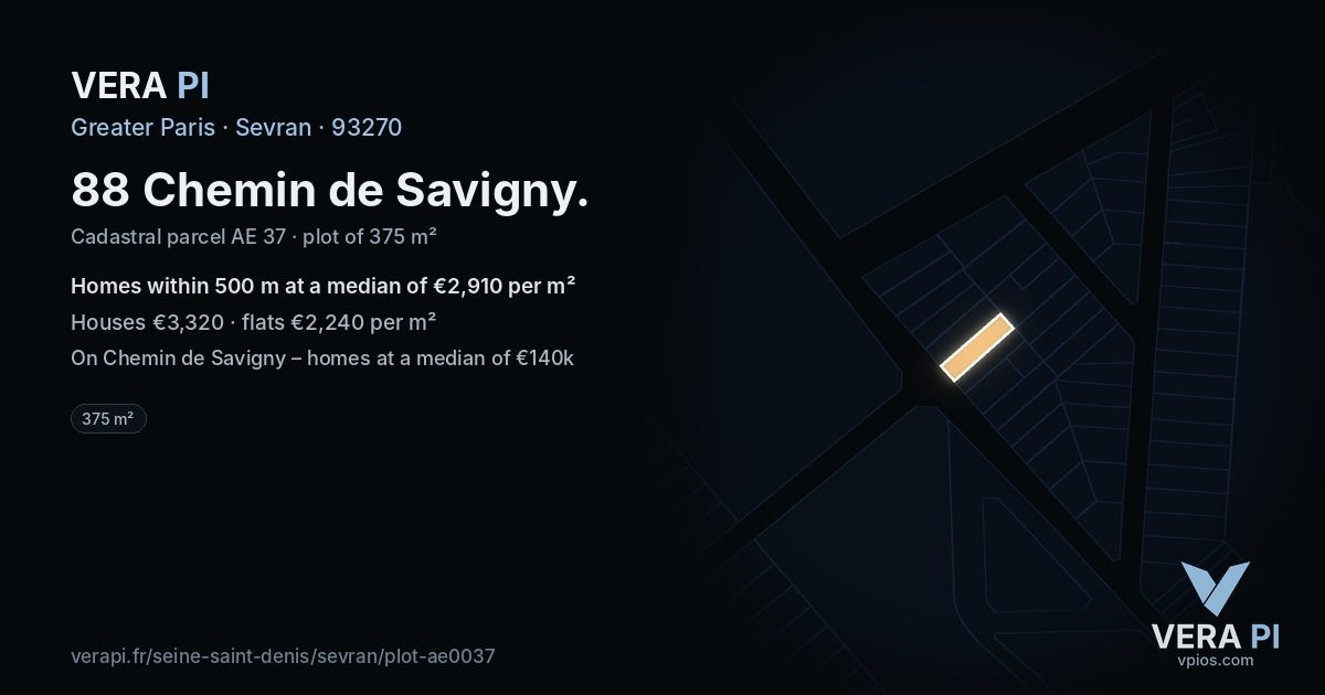 88 Chemin de Savigny, Sevran at night – the plot lit, the parcels around coloured by the prices near them