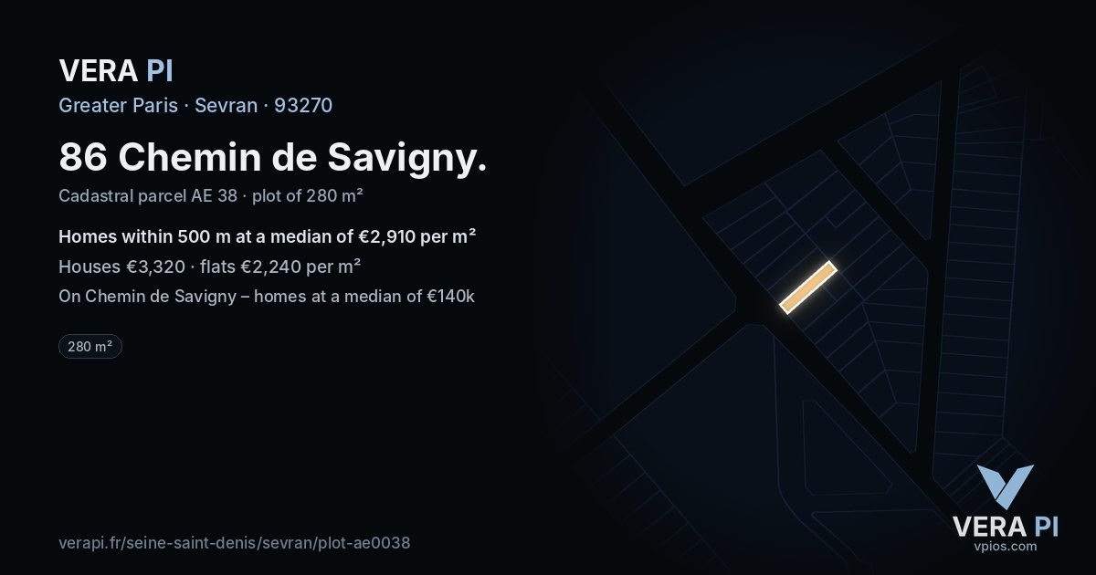 86 Chemin de Savigny, Sevran at night – the plot lit, the parcels around coloured by the prices near them