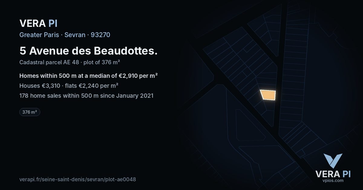 5 Avenue des Beaudottes, Sevran at night – the plot lit, the parcels around coloured by the prices near them