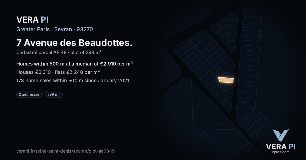7 Avenue des Beaudottes, Sevran at night – the plot lit, the parcels around coloured by the prices near them