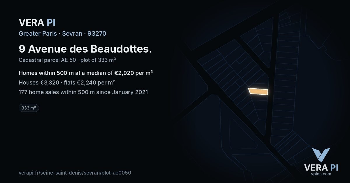 9 Avenue des Beaudottes, Sevran at night – the plot lit, the parcels around coloured by the prices near them