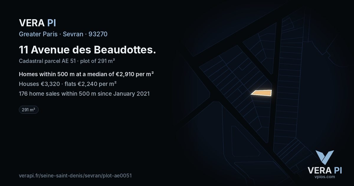 11 Avenue des Beaudottes, Sevran at night – the plot lit, the parcels around coloured by the prices near them