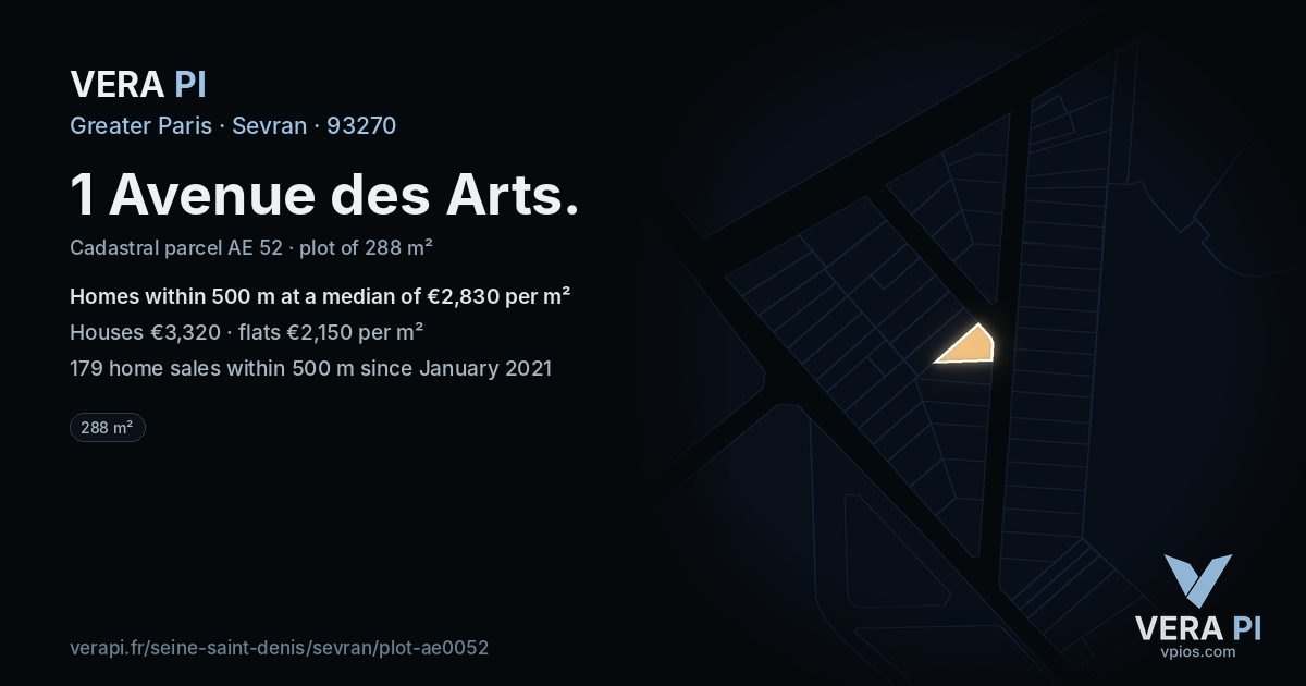 1 Avenue des Arts, Sevran at night – the plot lit, the parcels around coloured by the prices near them
