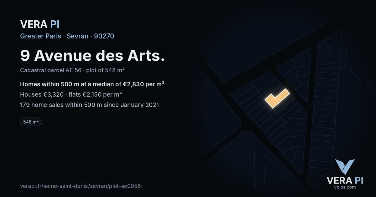 9 Avenue des Arts, Sevran at night – the plot lit, the parcels around coloured by the prices near them