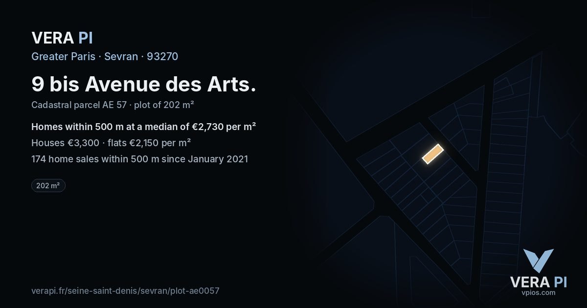 9 bis Avenue des Arts, Sevran at night – the plot lit, the parcels around coloured by the prices near them