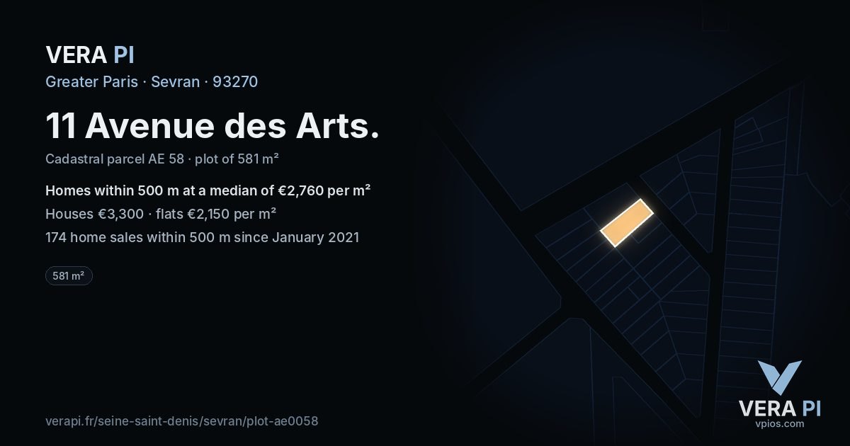 11 Avenue des Arts, Sevran at night – the plot lit, the parcels around coloured by the prices near them