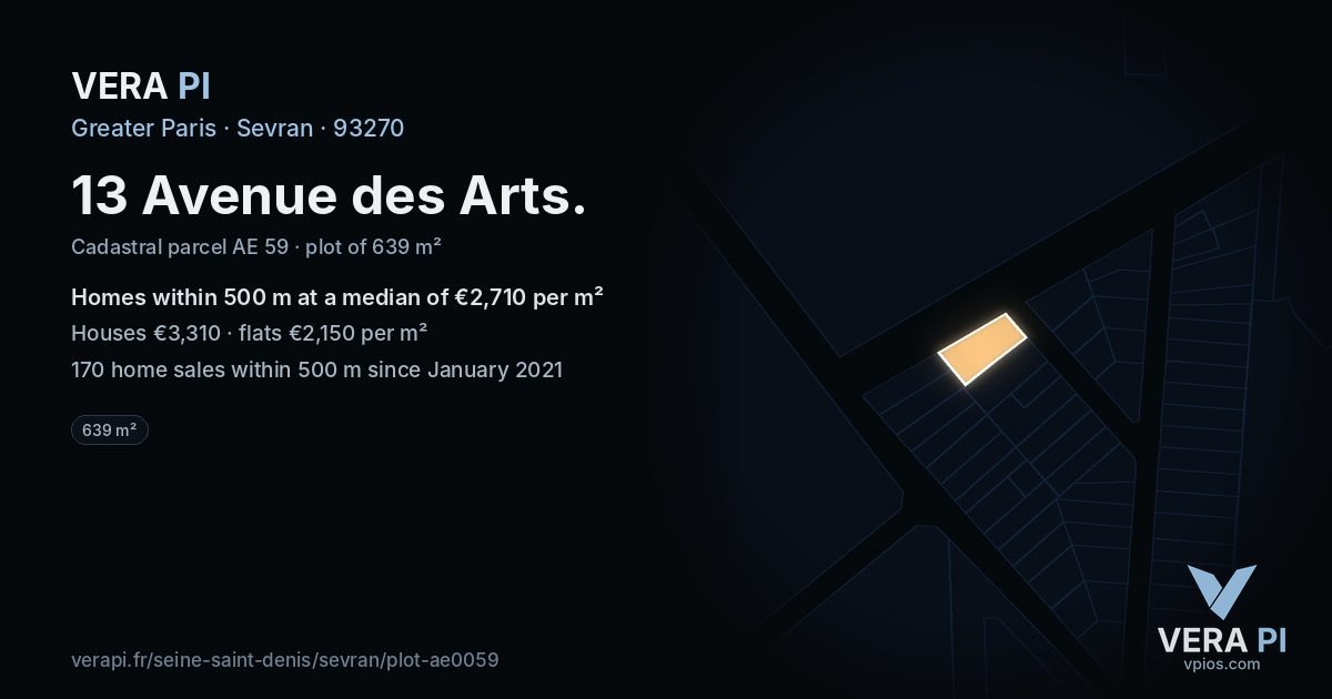 13 Avenue des Arts, Sevran at night – the plot lit, the parcels around coloured by the prices near them