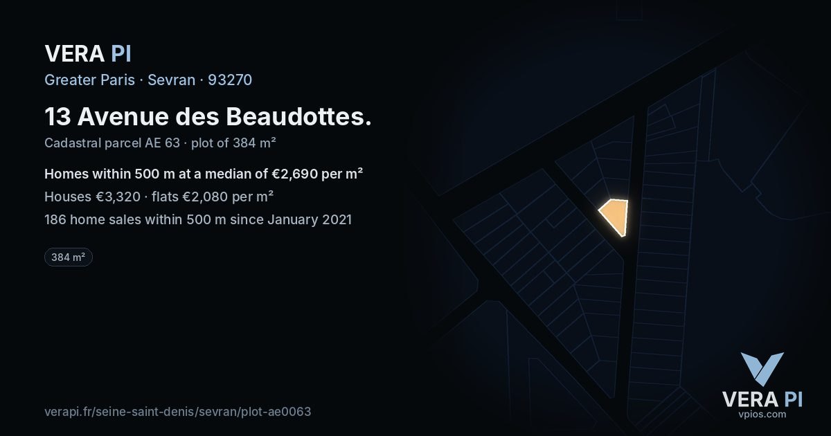 13 Avenue des Beaudottes, Sevran at night – the plot lit, the parcels around coloured by the prices near them