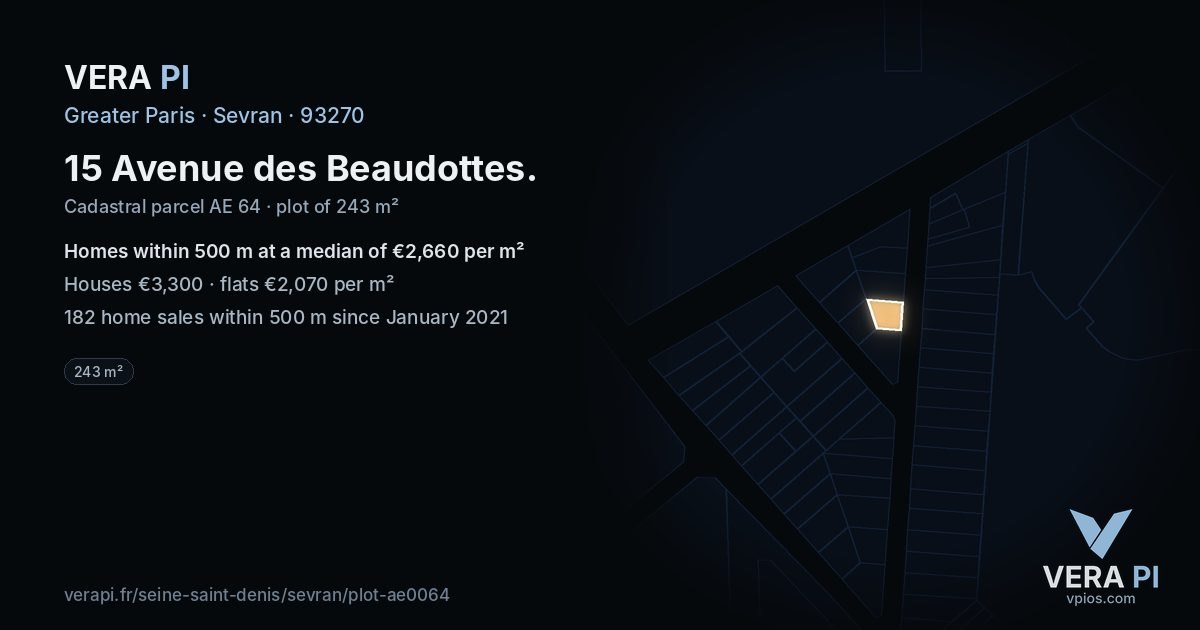 15 Avenue des Beaudottes, Sevran at night – the plot lit, the parcels around coloured by the prices near them