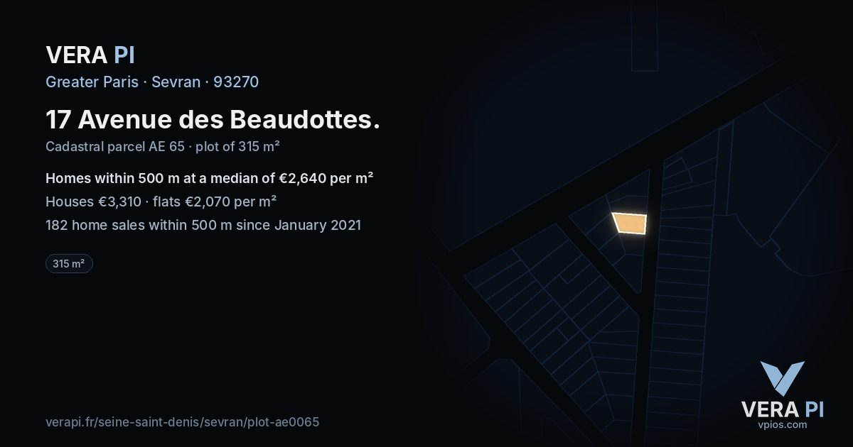 17 Avenue des Beaudottes, Sevran at night – the plot lit, the parcels around coloured by the prices near them