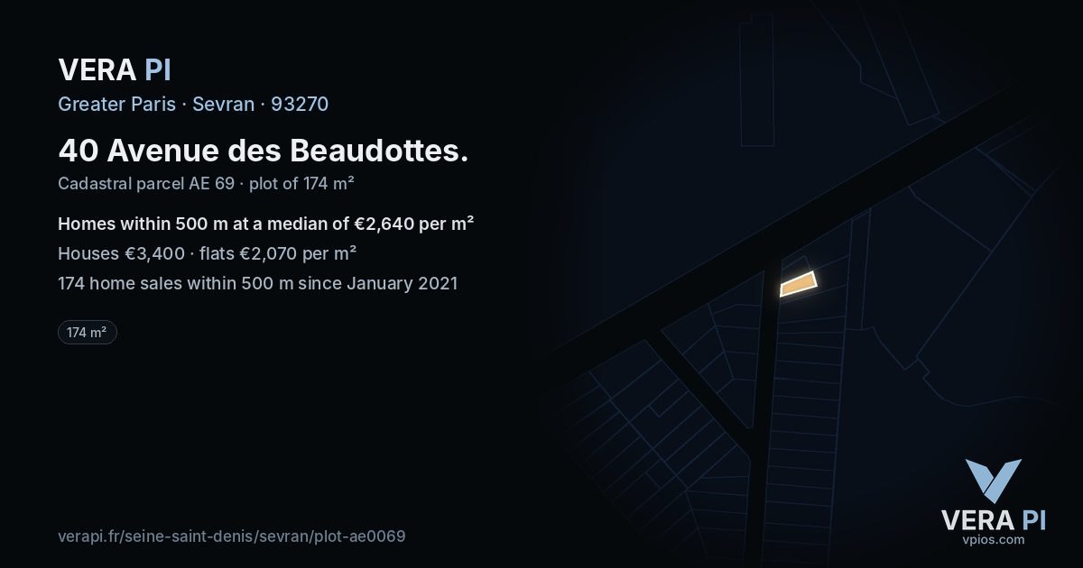 40 Avenue des Beaudottes, Sevran at night – the plot lit, the parcels around coloured by the prices near them