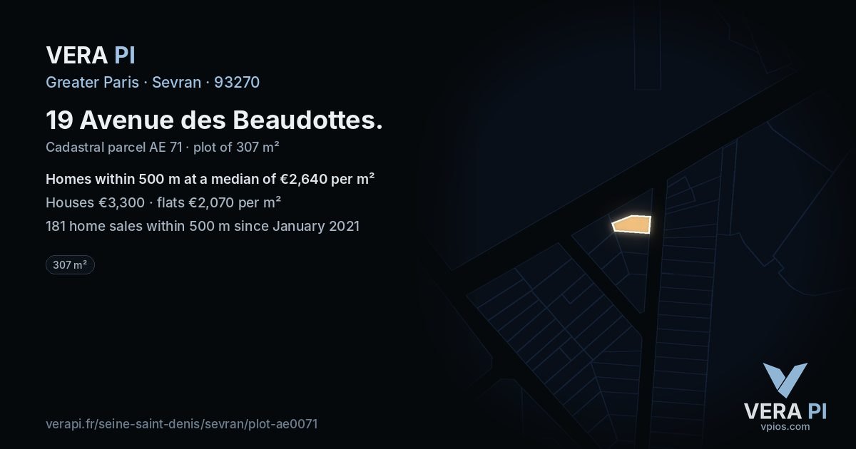 19 Avenue des Beaudottes, Sevran at night – the plot lit, the parcels around coloured by the prices near them