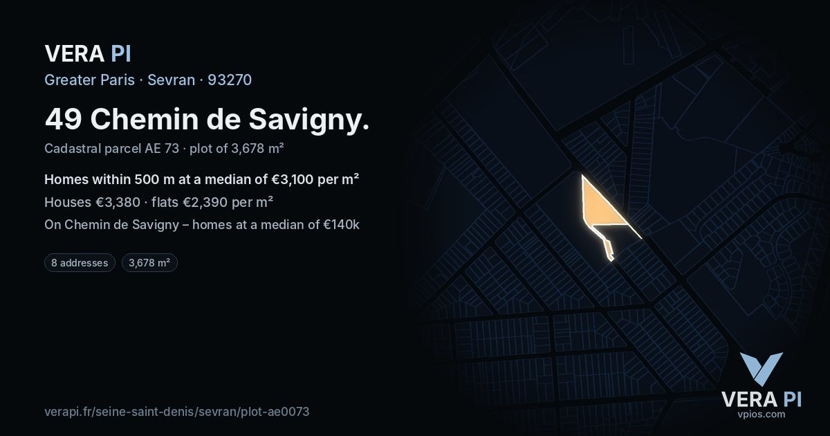 49 Chemin de Savigny, Sevran at night – the plot lit, the parcels around coloured by the prices near them