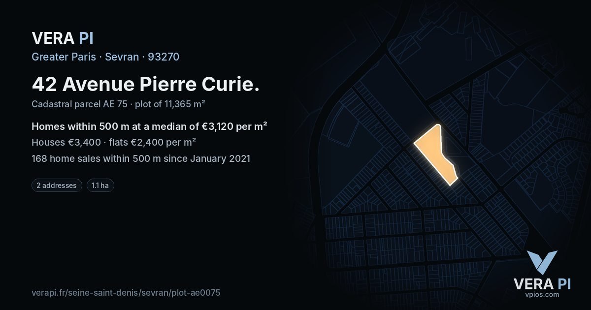 42 Avenue Pierre Curie, Sevran at night – the plot lit, the parcels around coloured by the prices near them