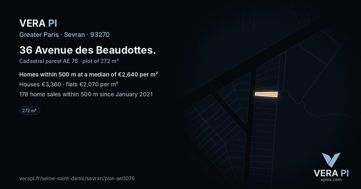 36 Avenue des Beaudottes, Sevran at night – the plot lit, the parcels around coloured by the prices near them