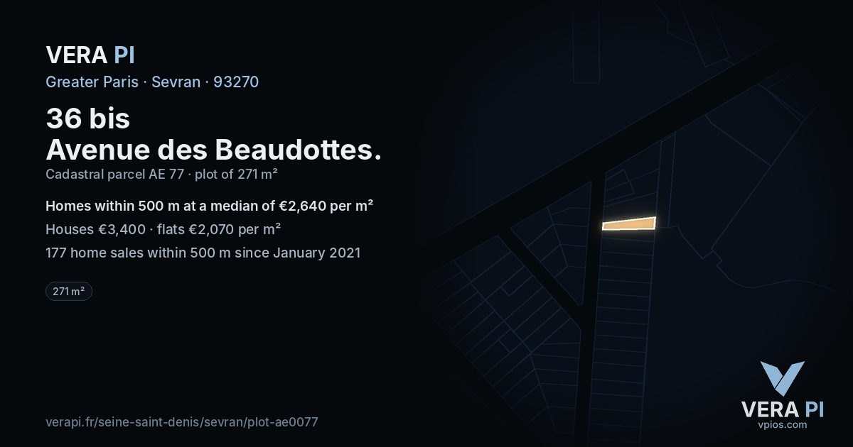 36 bis Avenue des Beaudottes, Sevran at night – the plot lit, the parcels around coloured by the prices near them