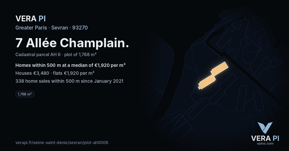7 Allée Champlain, Sevran at night – the plot lit, the parcels around coloured by the prices near them