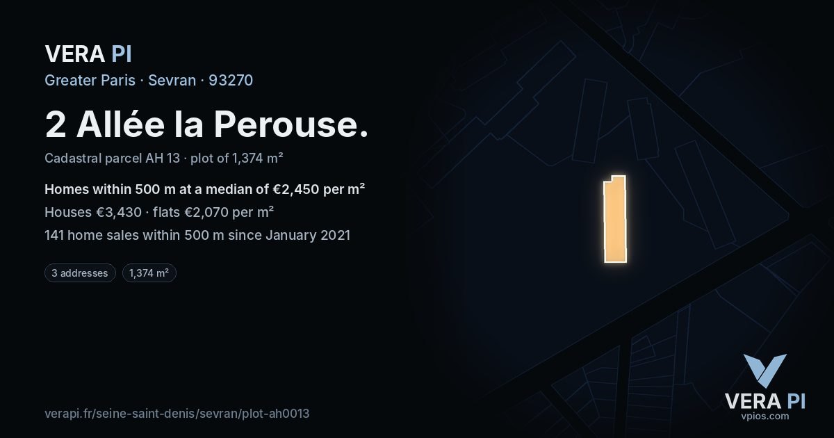 2 Allée la Perouse, Sevran at night – the plot lit, the parcels around coloured by the prices near them