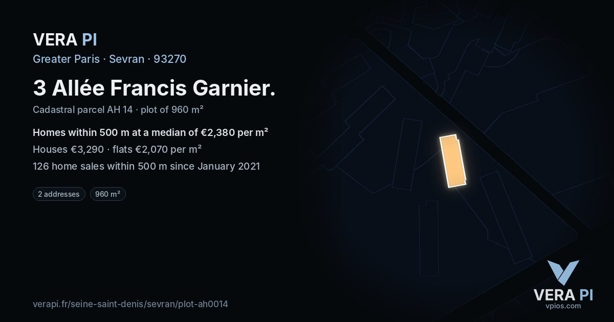 3 Allée Francis Garnier, Sevran at night – the plot lit, the parcels around coloured by the prices near them