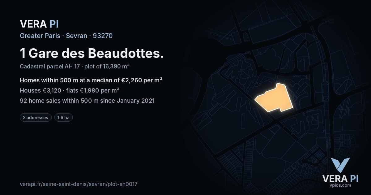 1 Gare des Beaudottes, Sevran at night – the plot lit, the parcels around coloured by the prices near them