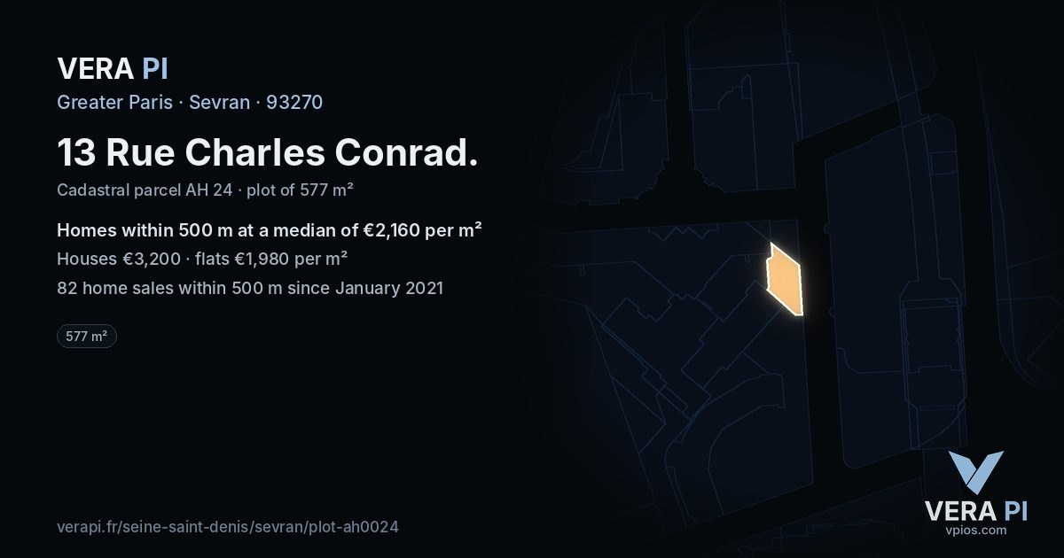 13 Rue Charles Conrad, Sevran at night – the plot lit, the parcels around coloured by the prices near them