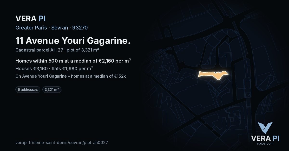 11 Avenue Youri Gagarine, Sevran at night – the plot lit, the parcels around coloured by the prices near them
