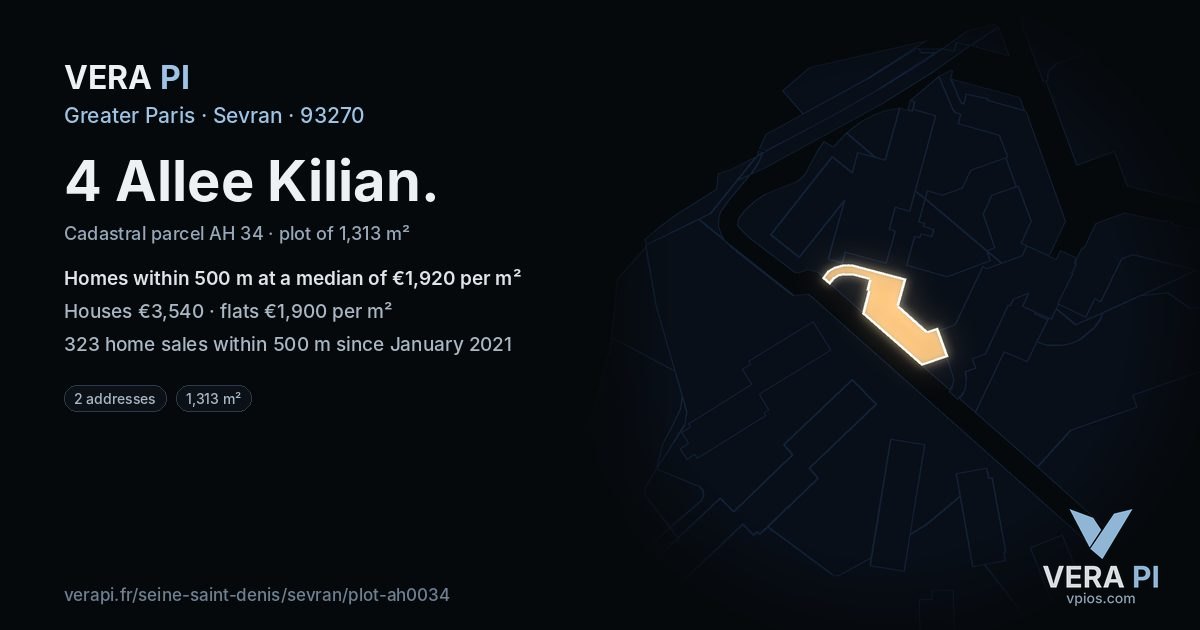 4 Allee Kilian, Sevran at night – the plot lit, the parcels around coloured by the prices near them