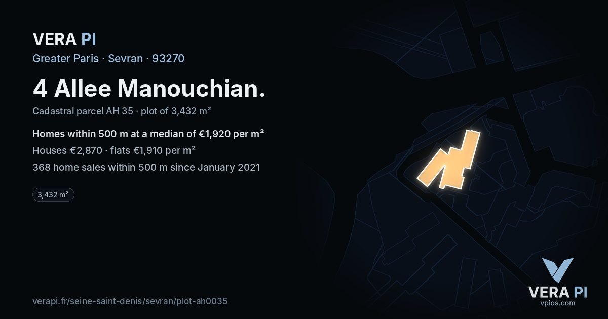 4 Allee Manouchian, Sevran at night – the plot lit, the parcels around coloured by the prices near them