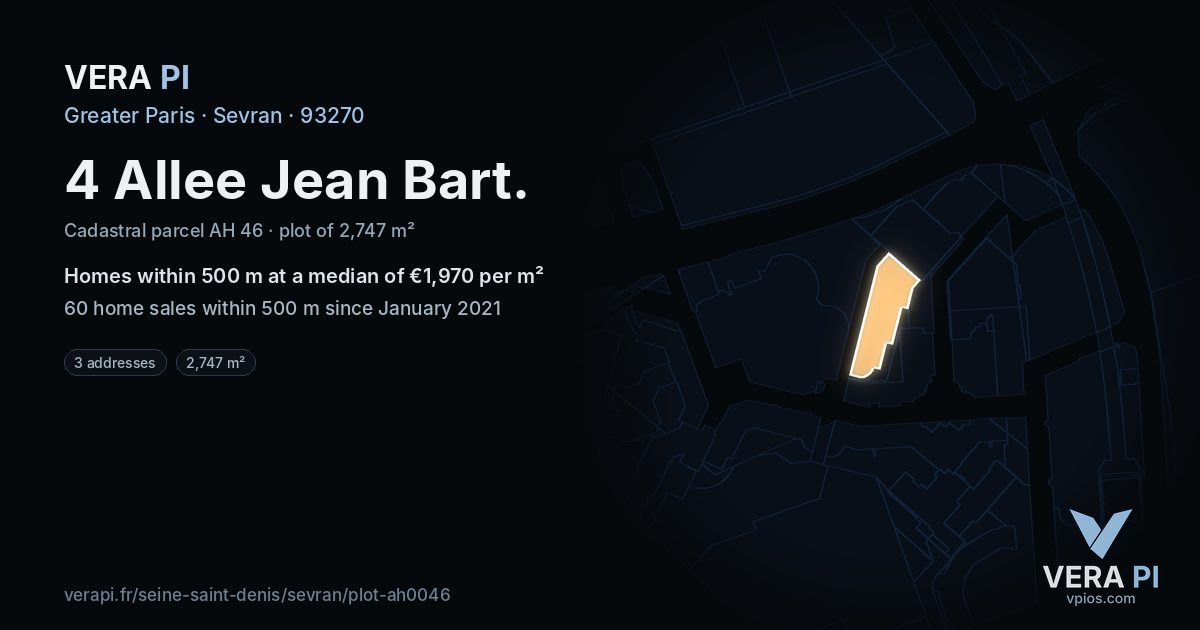 4 Allee Jean Bart, Sevran at night – the plot lit, the parcels around coloured by the prices near them